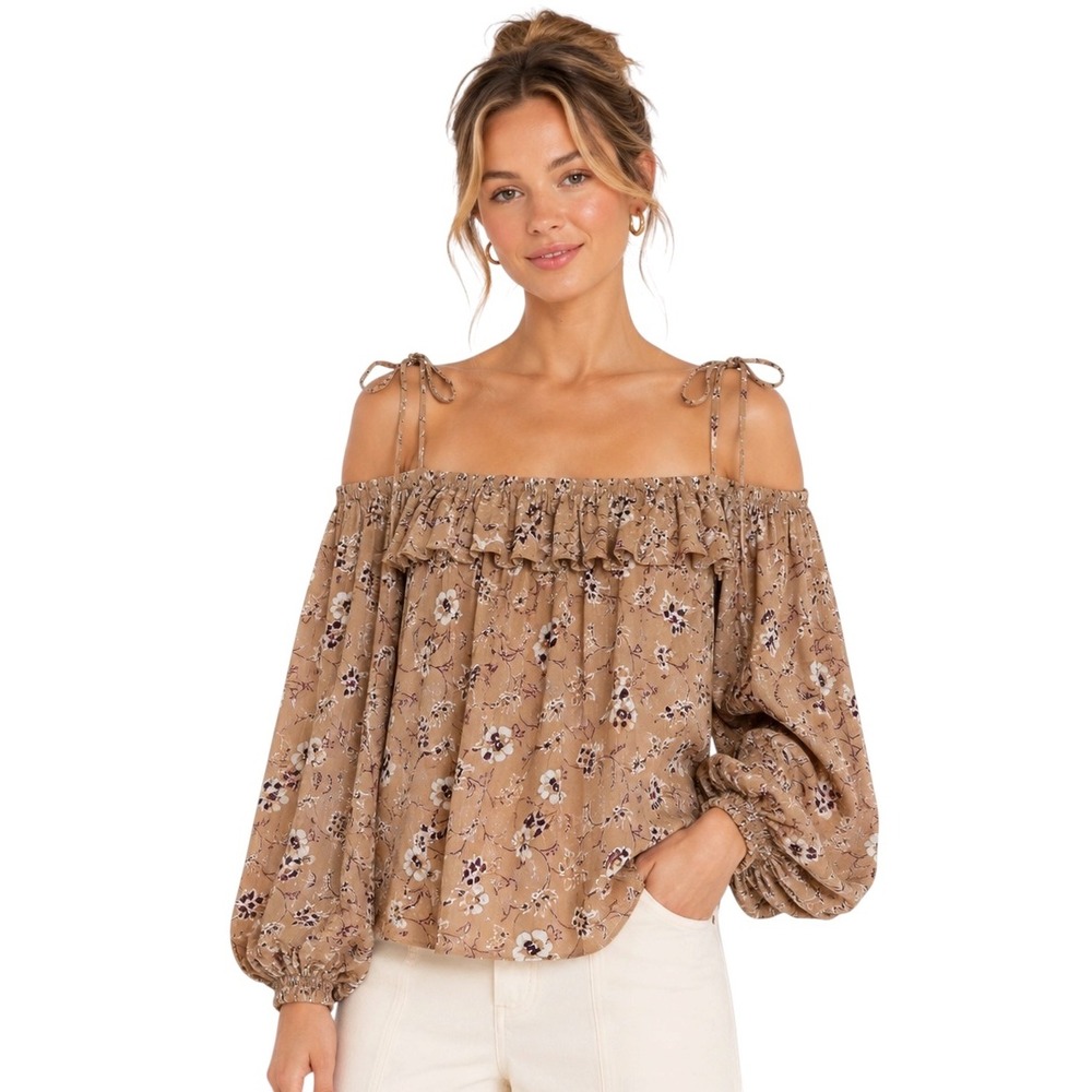 Ulla Johnson Coline Silk Floral Boho Off Shoulder Ruffle Peasant Blouse Tan 2